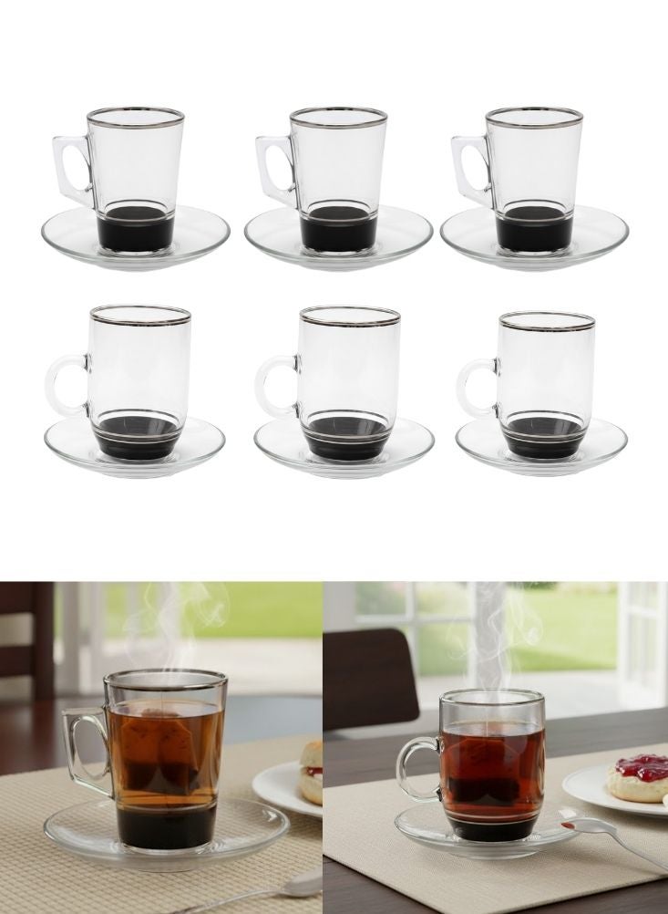 بريميم طقم فناجين شاي زجاجية شفافة مع صحون مكوّن من ست قطع بقاعدة سوداء - Image 1